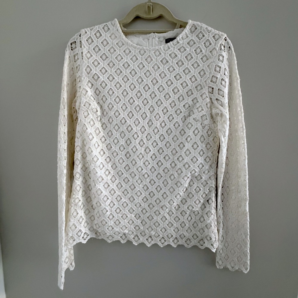 J.McLaughlin Lissa Shirt Geo Lace Warm White Cotton Eyelet Long Sleeve Blouse XS
